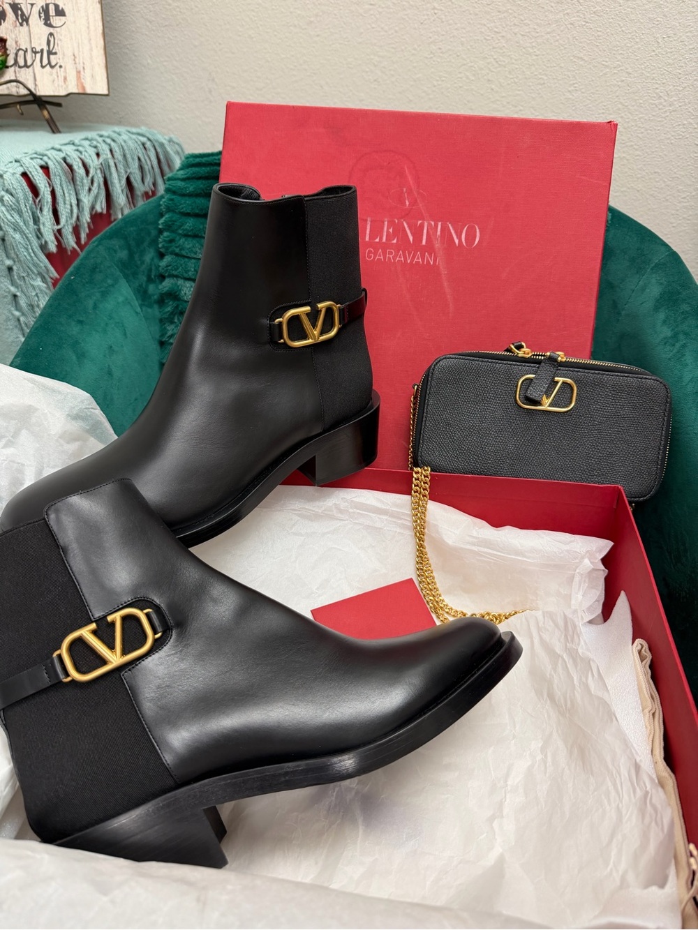 Valentino Garavani Black Leather Ankle Boots with Gold V Hardware